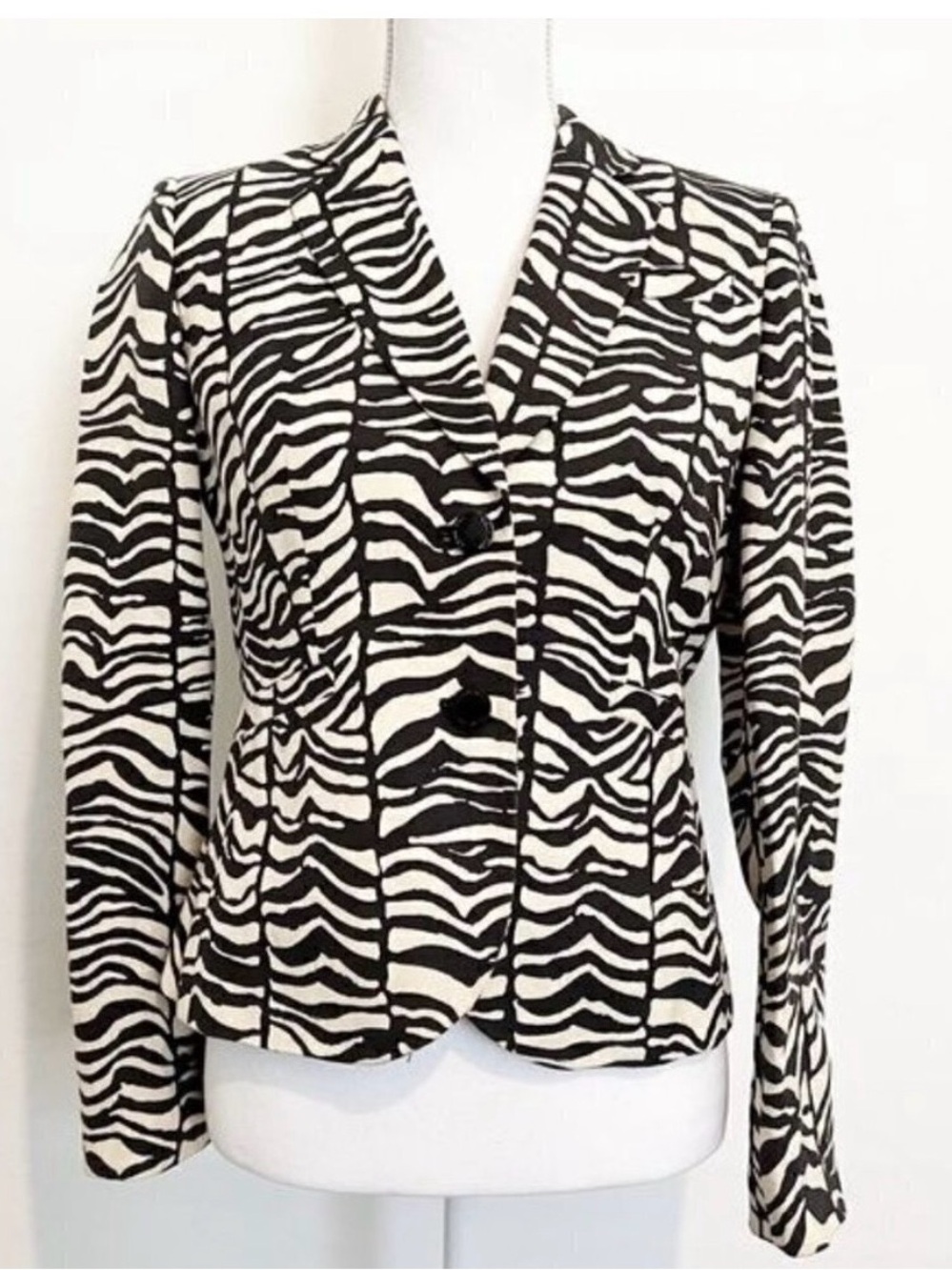 Calvin Klein Blazer Size 4 Black Cream Zebra Animal Print Executive Sleek Retro